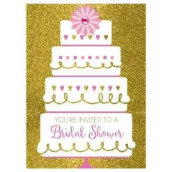 Gold Glitter Wedding Cake Bridal Shower Invitations 8ct