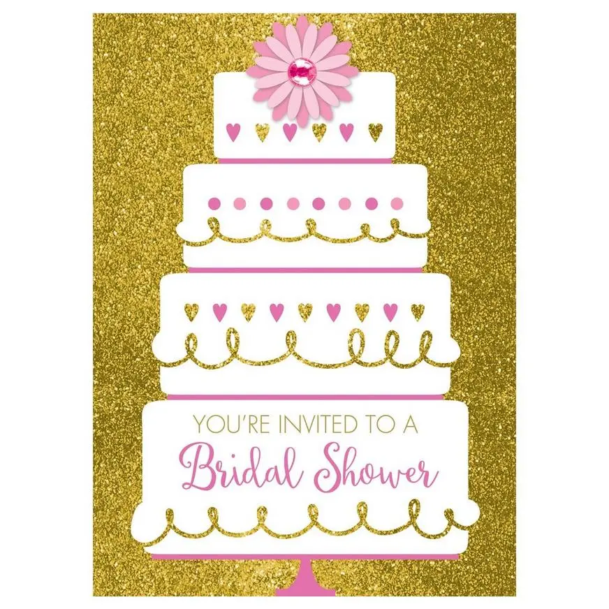 Gold Glitter Wedding Cake Bridal Shower Invitations 8ct