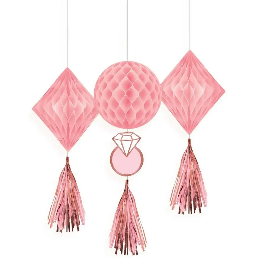 Blush & Rose Gold Honeycomb Decorations With Tails 3ct