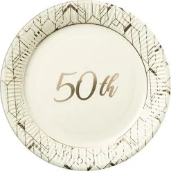Party City Metallic Gold & White 50th Anniversary Lunch Plates 8ct
