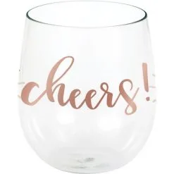Metallic Rose Gold Cheers Plastic Stemless Wine Glass, 14oz - Rosé All Day