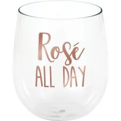 Metallic Rose Gold Rosé All Day Plastic Stemless Wine Glass, 14oz
