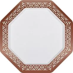 King Zak Rose Gold Lace Border Octagonal Premium Plastic Dinner Plates, 11in, 10ct