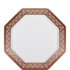 King Zak Rose Gold Lace Border Octagonal Premium Plastic Dessert Plates, 7.5in, 10ct