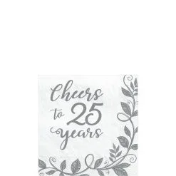 Silver Cheers To 25 Years Anniversary Paper Beverage Napkins, 5in, 16ct