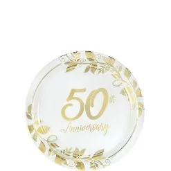 Metallic Gold Happy 50th Anniversary Paper Dessert Plates, 7in, 8ct