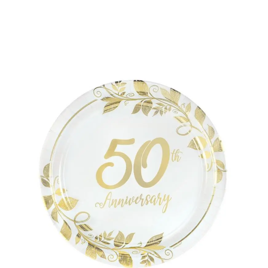 Metallic Gold Happy 50th Anniversary Paper Dessert Plates, 7in, 8ct