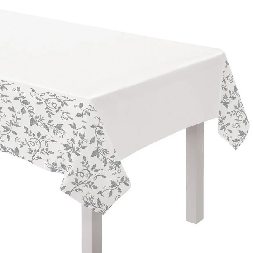Silver & White 25th Anniversary Plastic Table Cover, 54in X 102in