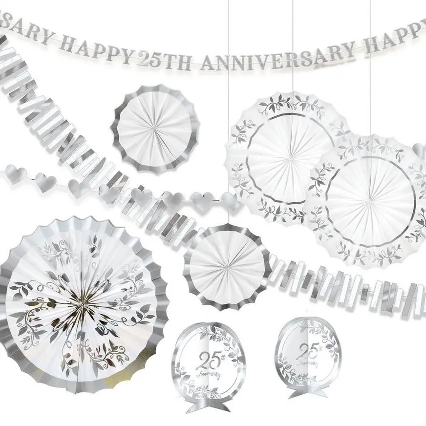 Metallic Silver & White 25th Anniversary Room Decorating Kit, 10pc - Image 2