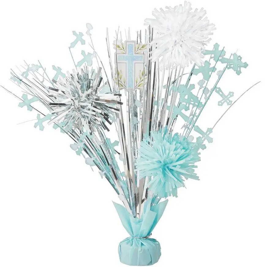 Blue My First Communion Tinsel Burst Centerpiece, 18in