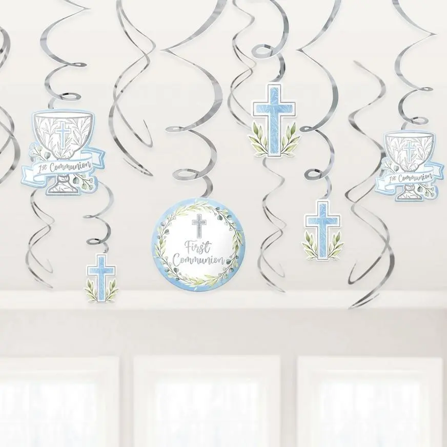 Blue My First Communion Swirl Decorations, 12ct