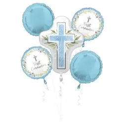 Blue Foliage My First Communion Foil Balloon Bouquet, 5pc
