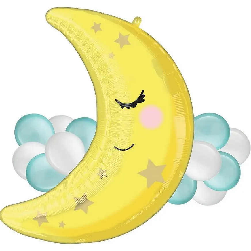 Sleepy Crescent Moon Foil Balloon, 33in X 32in, With Latex Balloons