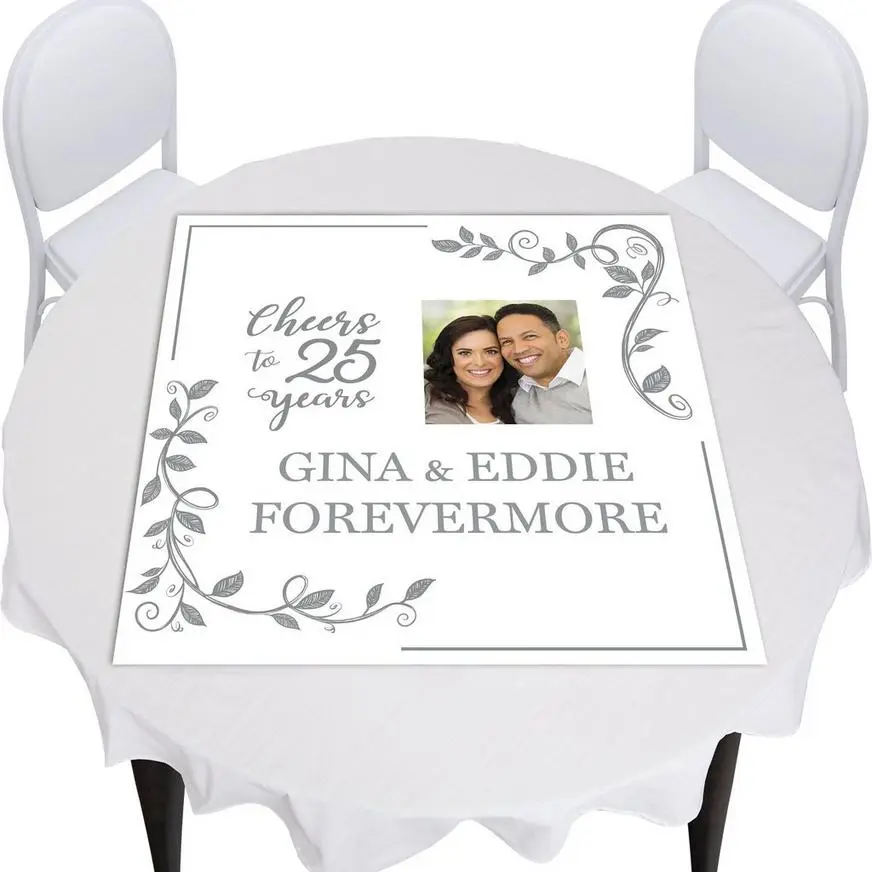 Custom Silver 25th Anniversary Vinyl Photo Square Table Topper, 40in X 40in