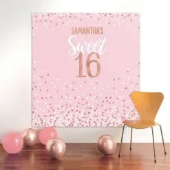 Customizable Rose Gold Sweet Sixteen Birthday Plastic Scene Setter, 5.4ft X 5.4ft