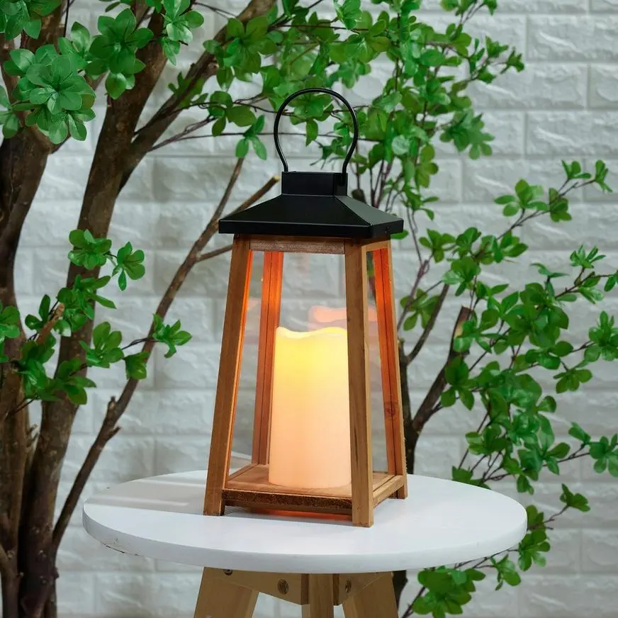 Metal & Wood Lantern With Flickering LED Candle, 6in X 14in