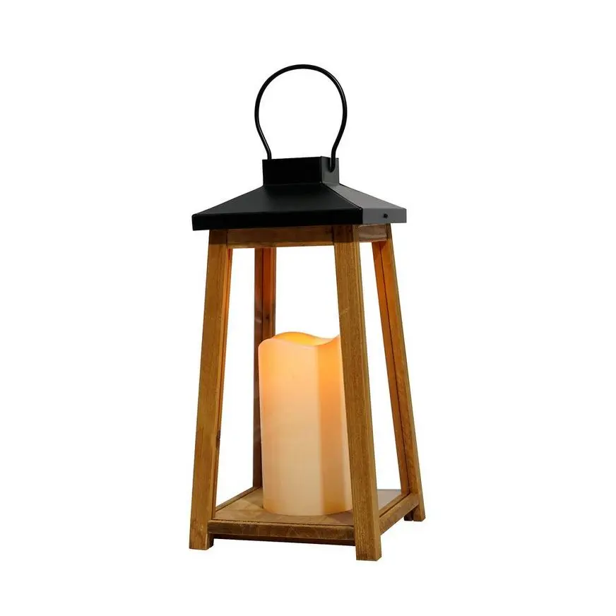 Metal & Wood Lantern With Flickering LED Candle, 6in X 14in - Image 2