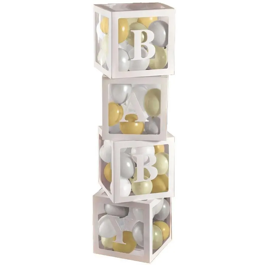 White Pop-Up Baby Shower Block Decorations With Gold & White Mini Latex Balloons - Soft Jungle - Image 2