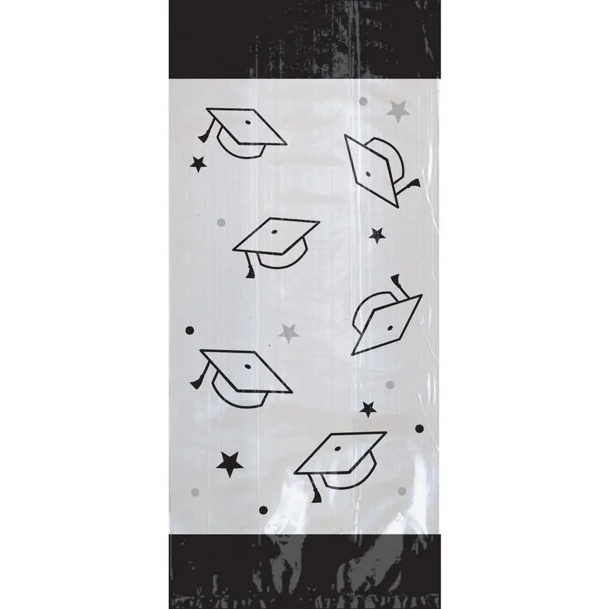 Black & Silver Mortarboard Graduation Cellophane Treat Bags, 4in X 9.5in, 20ct