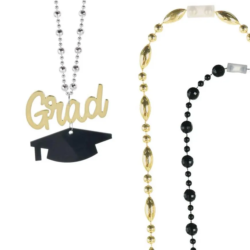 Black, Silver, & Gold Graduation Layered Bead Necklace, 20in - Image 2
