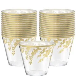 Metallic Gold Hanging Leaves Plastic Tumblers, 9oz, 30ct
