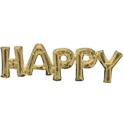 Air-Filled White Gold Happy Letter Balloon Banner, 30in X 10in