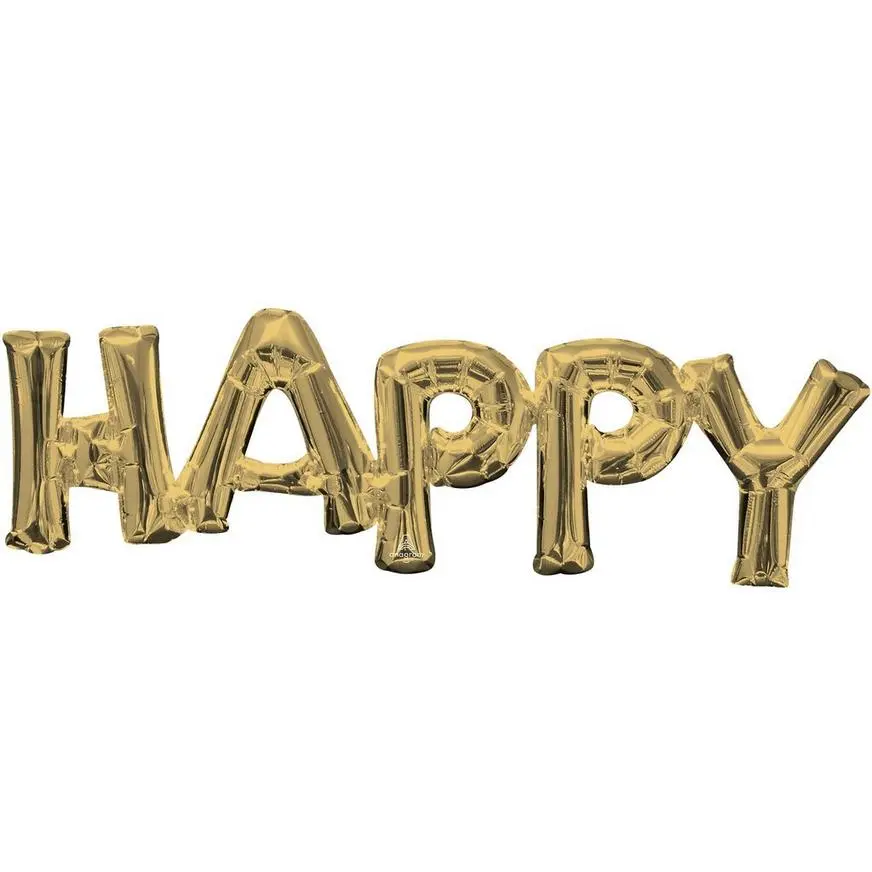 Air-Filled White Gold Happy Letter Balloon Banner, 30in X 10in