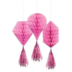 Mini Bright Pink Honeycomb Decorations With Tails 3ct