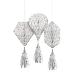 Mini Glitter Silver & White Honeycomb Decorations With Tails 3ct