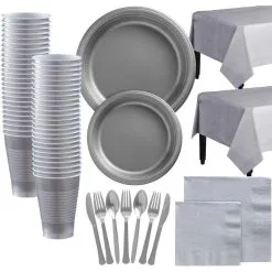 Silver Plastic Tableware Kit For 100 Guests