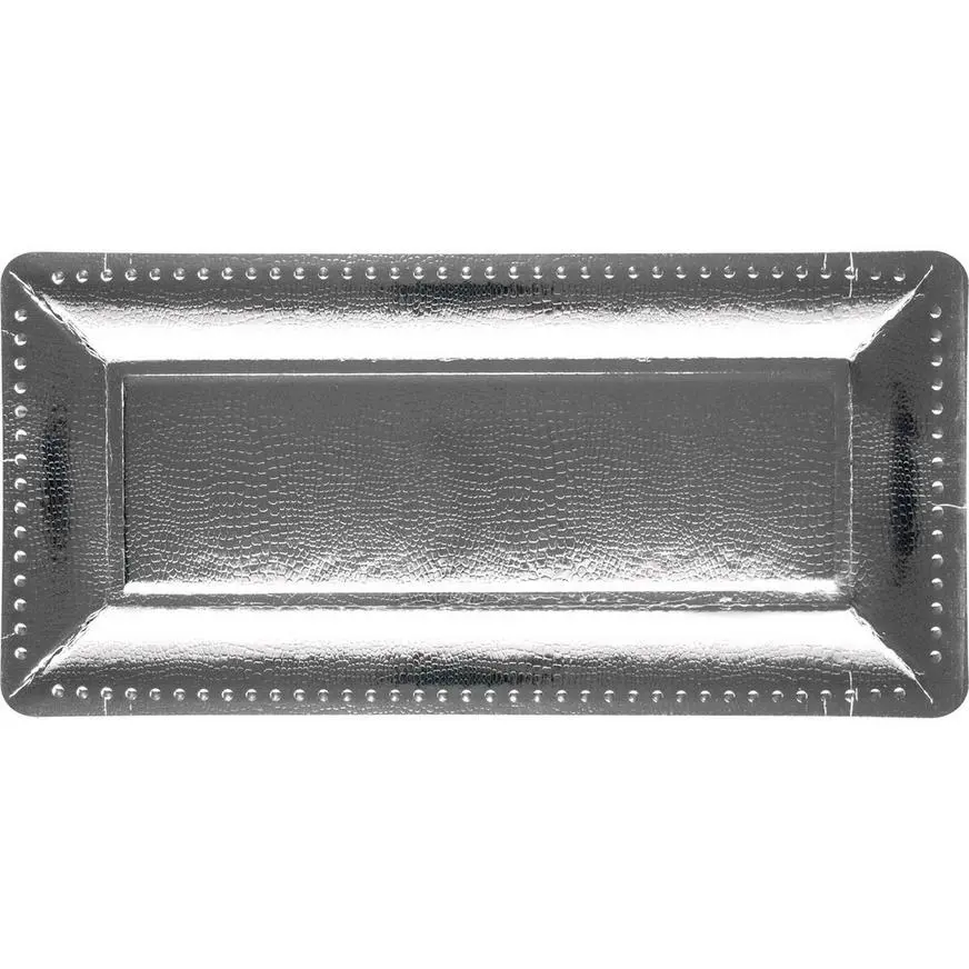 Metallic Silver Long Rectangular Paper Platters, 7.5in X 15 3/4in, 3ct