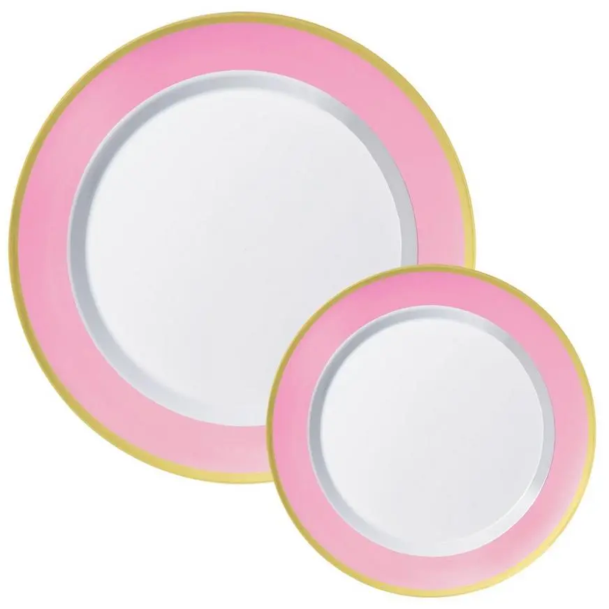 Round Premium Plastic Dinner (10.25in) & Dessert (7.5in) Plates With Pink & Gold Border, 20ct