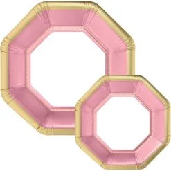 Octoganal Premium Paper Dinner (10.25in) & Dessert (7.5in) Plates With Pink & Gold Border, 20ct