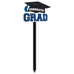 Blue Congrats Grad Cap MDF Yard Sign, 14in X 35.25in