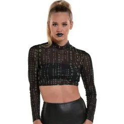 AMSCAN Adult Sheer Black Binary-Print Mock Neck Cropped Mesh Long Sleeve Top - Cyberpunk