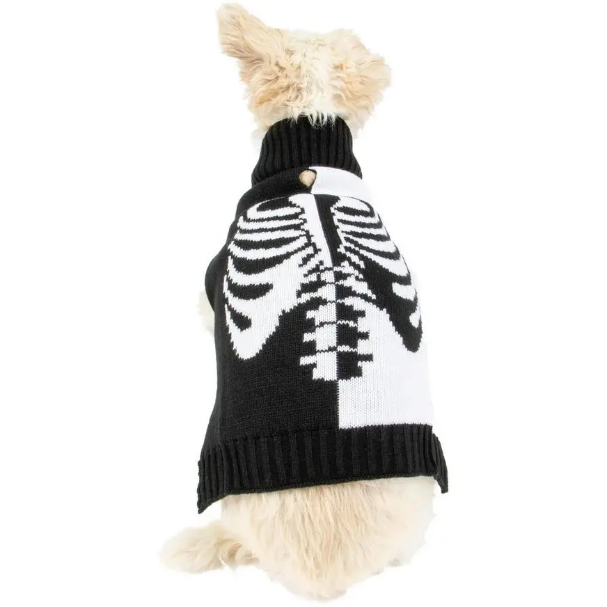 Party City Black & White Skeleton Rib Split Dog Sweater